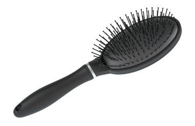 Kablo kılları ve yastık tabanlı siyah saç fırçası, beyaz arkaplanda 3 boyutlu görüntüleme