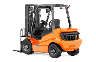 Depo forklift kamyonu, turuncu renk. Beyaz arkaplanda 3B görüntüleme izole edildi