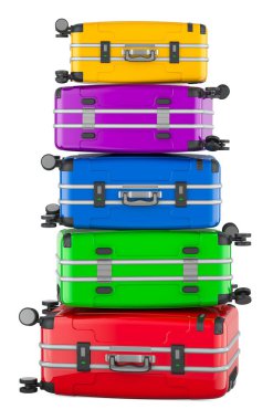 Colorful briefcases stack, heap of colored suitcases. 3D rendering isolated on white background clipart