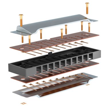 Mızıkanın parçaları, parçalanmış blues mızıka. Beyaz arkaplanda 3B görüntüleme izole edildi
