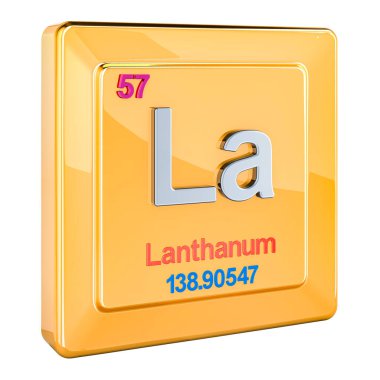 Lanthanum La, periyodik cetvelde 57 numaralı kimyasal element işareti. Beyaz arkaplanda 3B görüntüleme izole edildi