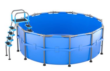 Blue Portable Round Swimming Water Pool with Ladder. 3D rendering isolated on white background   clipart