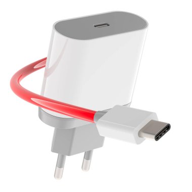 USB-C yükleme veri kablosu olan beyaz USB telefon şarj cihazı, beyaz arkaplanda 3D görüntüleme