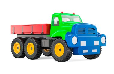 Yan tahtası olan kargo kamyonu oyuncağı, beyaz arkaplanda 3 boyutlu görüntüleme