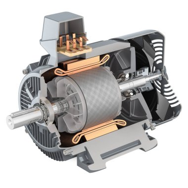 Endüstriyel elektrikli motorun kesit, 3D görüntüleme beyaz arka planda izole