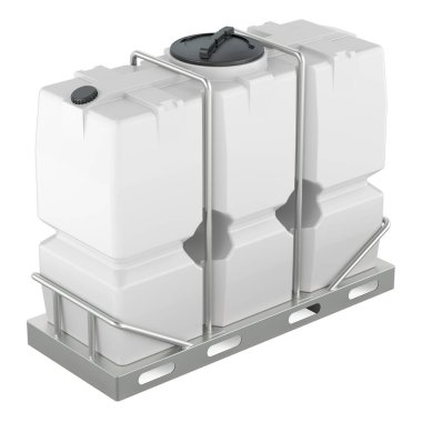 İskeleti ve paleti olan dikdörtgen plastik su depolama tankı, beyaz arkaplanda 3 boyutlu görüntüleme