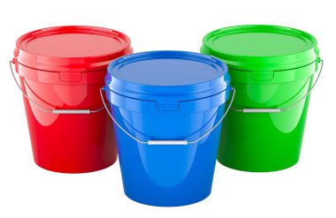 Kırmızı, Yeşil ve Mavi Plastik Kovalar, beyaz arkaplanda 3 boyutlu görüntüleme