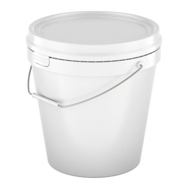 Plastik boya kovası, beyaz renk. Beyaz arkaplanda 3B görüntüleme izole edildi