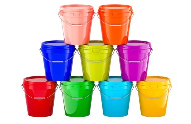 Renkli Plastik Boya Kovaları, beyaz arkaplanda 3 boyutlu görüntüleme