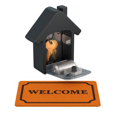 Security lock box with keys inside and welcome doormat. 3D rendering isolated on transparent background clipart