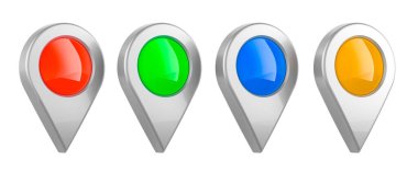 Renkli harita işaretçileri kümesi, beyaz arkaplanda izole edilmiş 3B görüntüleme