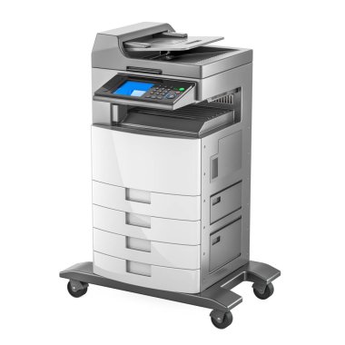 Office Multifonksiyon Yazıcı MFP, gümüş rengi. Beyaz arkaplanda 3B görüntüleme izole edildi