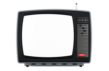 Beyaz ekranlı Retro TV seti. Ön görünüm, beyaz arkaplanda üç boyutlu görüntüleme
