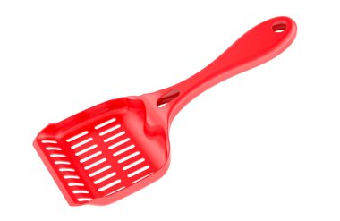 Plastikten kepçeler için kırmızı çöp kepçesi, beyaz arkaplanda 3 boyutlu görüntüleme