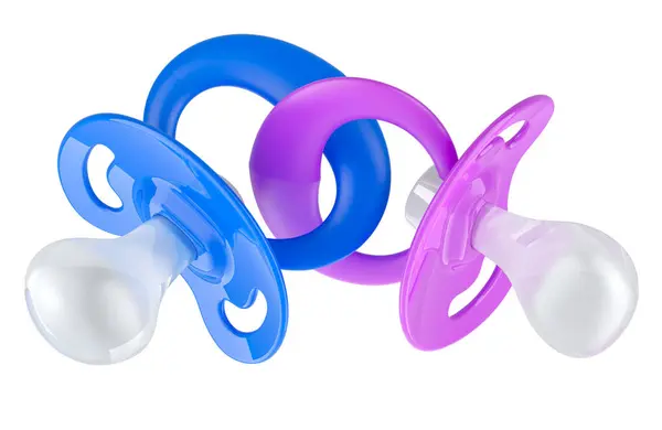 stock image Blue and pink baby pacifiers, 3D rendering isolated on white background