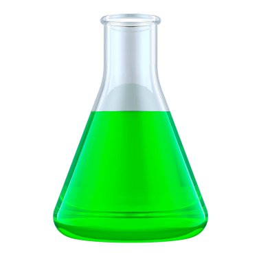 Yeşil sıvılı konik matara, kimya laboratuarının camları. Beyaz arkaplanda 3B görüntüleme izole edildi