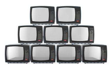 Bir yığın Retro Televisions, televizyonlar. Ön görünüm, beyaz arkaplanda üç boyutlu görüntüleme