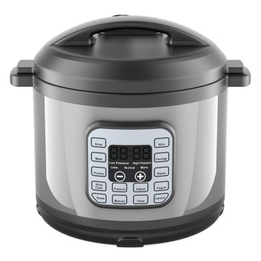 Smart Automatic Multicooker, ön görüş. Beyaz arkaplanda 3B görüntüleme izole edildi