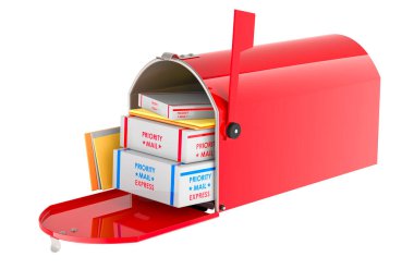 Paketli kırmızı posta kutusu, açıldı. Beyaz arkaplanda 3B görüntüleme izole edildi  