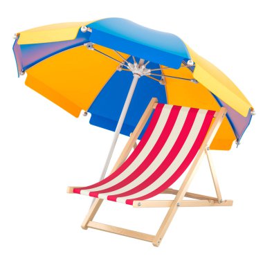 Güverte sandalyeli Plaj Şemsiyesi, beyaz arkaplanda 3 boyutlu görüntüleme