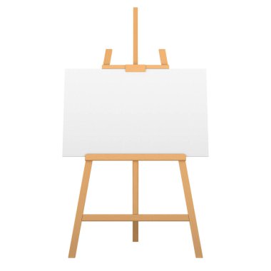 Üzerinde beyaz tuval olan Wood Art Easel Stand. Ön manzara. Beyaz arkaplanda 3B görüntüleme izole edildi