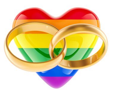 LGBT kalp altın alyanslar eşleşen set, 3 boyutlu görüntüleme beyaz arkaplan