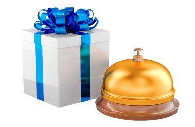 Resepsiyon zili olan hediye kutusu. Beyaz arkaplanda 3B görüntüleme izole edildi