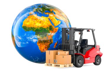 Paketli forklift kamyonu ve Dünya Küresi. Küresel kargo ve dünya çapında teslimat, konsept. Beyaz arkaplanda 3B görüntüleme izole edildi 