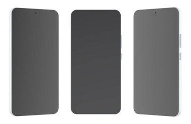 Akıllı telefon, cep telefonu, cep telefonu, ön ve yan görüntüler. Beyaz arkaplanda 3B görüntüleme izole edildi 
