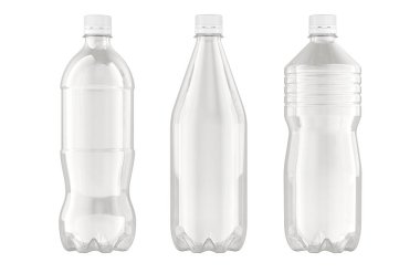 Kapaklı boş plastik su şişeleri. Beyaz arkaplanda 3B görüntüleme izole edildi 