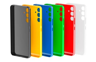 Akıllı telefonlar için renkli silikon kutuları. Cep telefonu kılıfları, beyaz arkaplanda 3 boyutlu görüntüleme