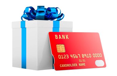 Kredi kartlı hediye kutusu, beyaz arkaplanda 3D görüntüleme