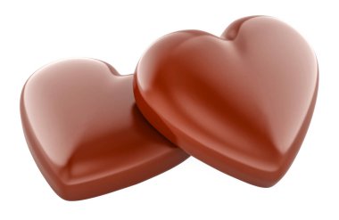 İki çikolatalı kalp, beyaz arka planda 3 boyutlu görüntüleme.