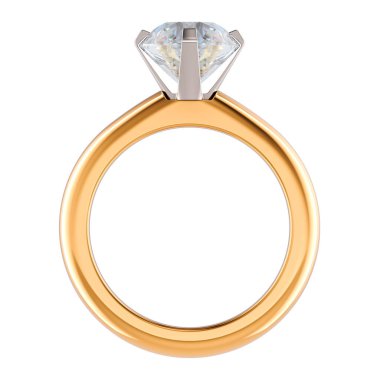 Elmas yüzük, pırlantalı altın nişan yüzüğü, beyaz arka planda 3 boyutlu görüntüleme.