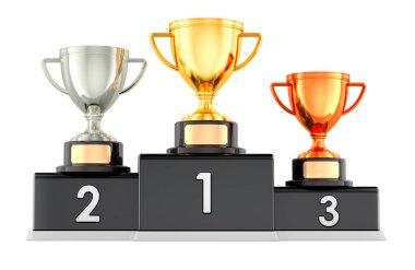Altın, gümüş ve bronz kupalarla kazanan podyum. Beyaz arkaplanda 3B görüntüleme izole edildi