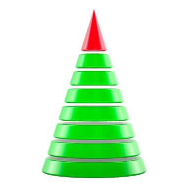 Soyut Noel Ağacı Konisi. Kırmızı kapaklı yeşil renk. Beyaz arkaplanda 3B görüntüleme izole edildi