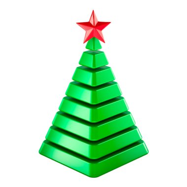 Kırmızı yıldızlı Minimalist Yeşil Noel Ağacı Piramidi. Beyaz arkaplanda 3B görüntüleme izole edildi