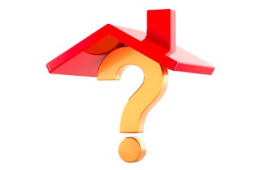 Ev Soruları, konsept. Çatı Evi ile soru işareti, beyaz arkaplanda 3 boyutlu görüntüleme