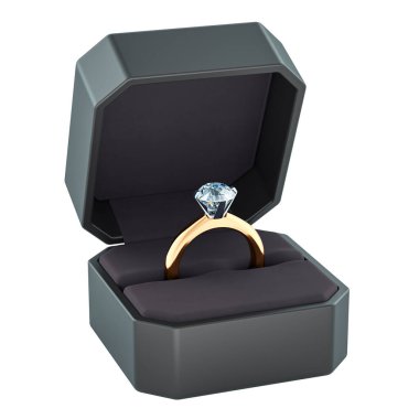 Yüzük kutusunun içinde elmas yüzük, beyaz arkaplanda 3 boyutlu görüntüleme 