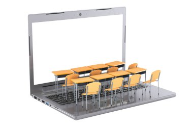 Okul sıraları ve beyaz ekranlı bir dizüstü bilgisayar. Çevrimiçi öğrenme, kavram. Beyaz arkaplanda 3B görüntüleme izole edildi 