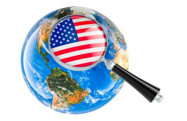 ABD, Dünya Küresi ile büyüteç altında, 3 boyutlu görüntüleme beyaz arka planda izole edildi