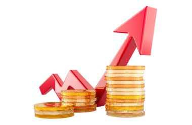 Büyüyen kırmızı oklu altın sikkeler, beyaz arkaplanda 3 boyutlu görüntüleme