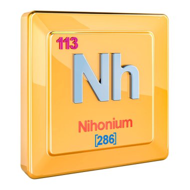 Nihonyum Nh, periyodik cetvelde 113 numaralı kimyasal element işareti. Beyaz arkaplanda 3B görüntüleme izole edildi