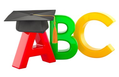 ABC renkli harfler, eğitim şapkası, 3 boyutlu görüntüleme beyaz arka planda izole edilmiş.