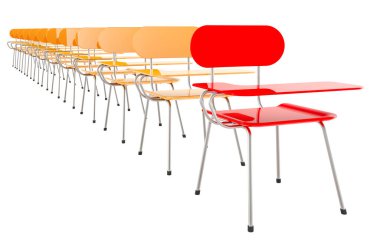 Eğitim lideri, konsept. Okul sırasındaki kırmızı okul masası. Beyaz arkaplanda 3B görüntüleme izole edildi 