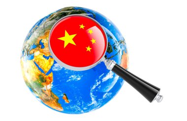 Dünya Küresi ile büyüteç altında Çin bayrağı, beyaz arka planda 3 boyutlu görüntüleme