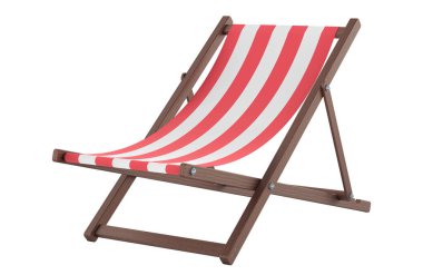 Güverte sandalyesi, kırmızı ve beyaz çizgili. Beyaz arkaplanda 3B görüntüleme izole edildi