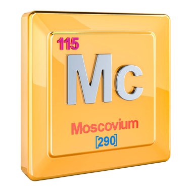 Moscovium Mc, chemical element sign with number 115 in periodic table. 3D rendering isolated on white background clipart