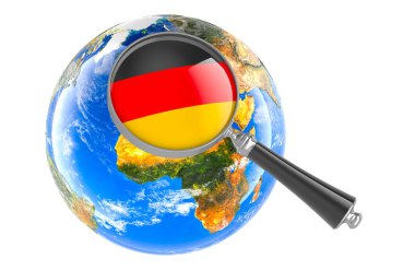 Dünya Küresi ile büyüteç altında Alman bayrağı, beyaz arkaplanda 3 boyutlu görüntüleme