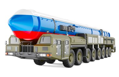 Rus Scud Füzesi, Rusya bayrağı taşıyan kısa menzilli mobil balistik füze sistemi. Beyaz arkaplanda 3B görüntüleme izole edildi